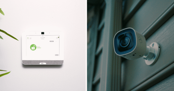 Comparison of alarm system control panel and outdoor security camera for home protection.