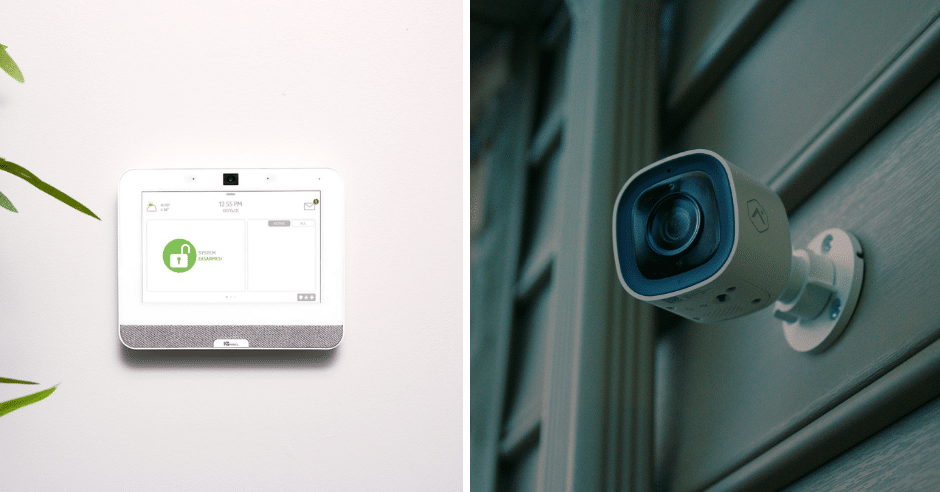 Comparison of alarm system control panel and outdoor security camera for home protection.