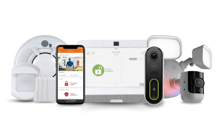 Comprehensive home security system featuring cameras, motion detectors, door sensors and a control panel.