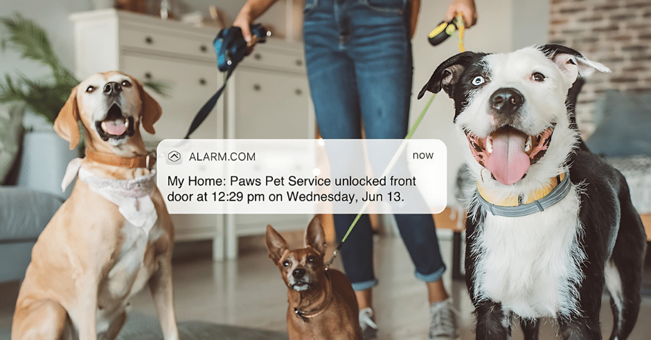 Alarm system notification showing front door unlocked by pet service, with dogs in the background.