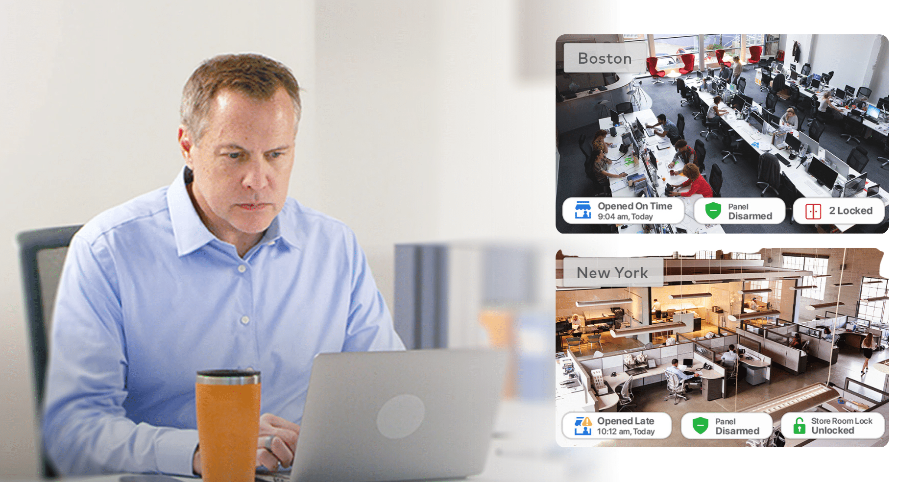 Business owner monitoring security statuses for multiple office locations on a laptop, with on-screen notifications showing system activity for two offices.