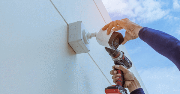 Technician installing an outdoor security camera on a commercial building wall for enhanced business surveillance and security