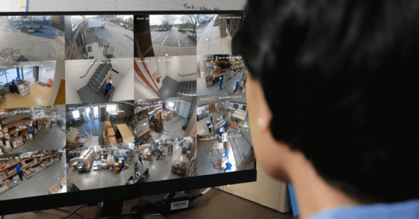 Business owner monitoring multiple security camera feeds on a computer screen, showcasing 24/7 surveillance in a commercial environment.