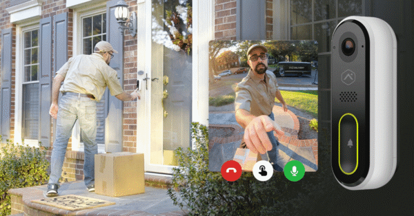 A video doorbell capturing a delivery driver dropping off a package at a residential home, showcasing live video monitoring and real-time communication features.
