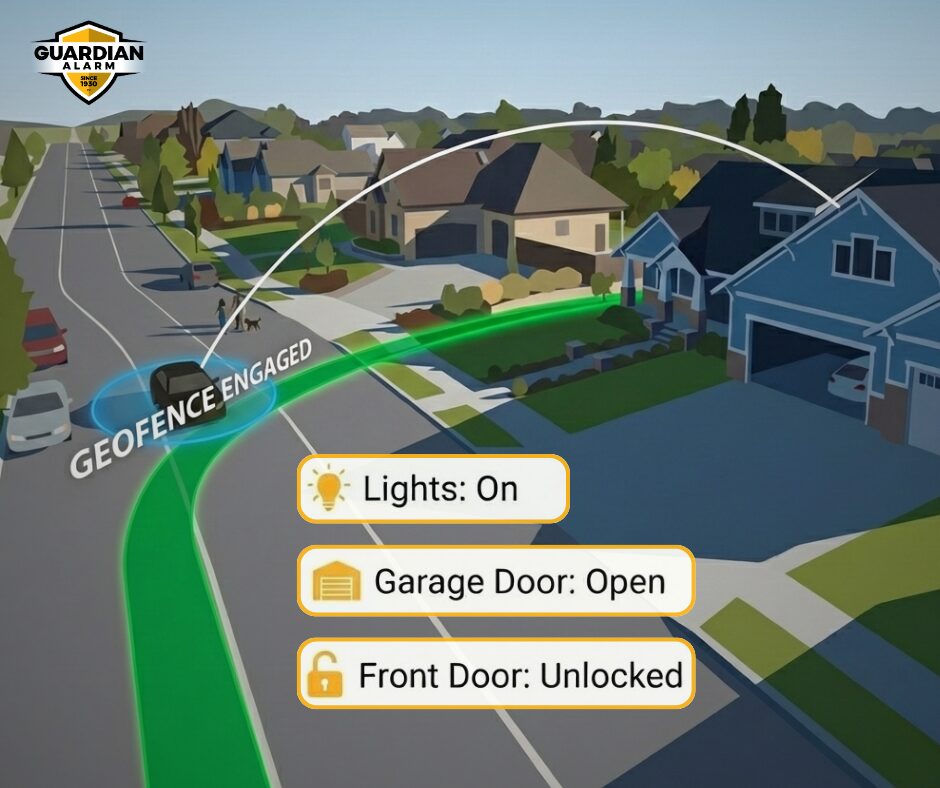 Frase Protection Places An infographic map demonstrating how Frase Protection geo-fencing triggers smart locks, thermostats, and cameras when you leave home.