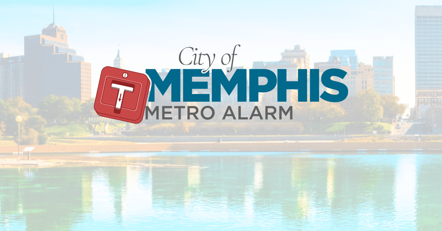 City of Memphis Metro Alarm logo with a background of the Memphis skyline and river, representing the Metro Alarm Permit system for homeowners.