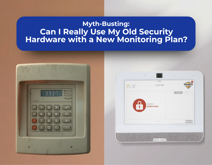 Header image showing a faded, old security keypad connected by a blue line to a new, modern touch-screen smart home security panel, illustrating the easy process of integrating existing home alarm hardware with a professional monitoring plan.