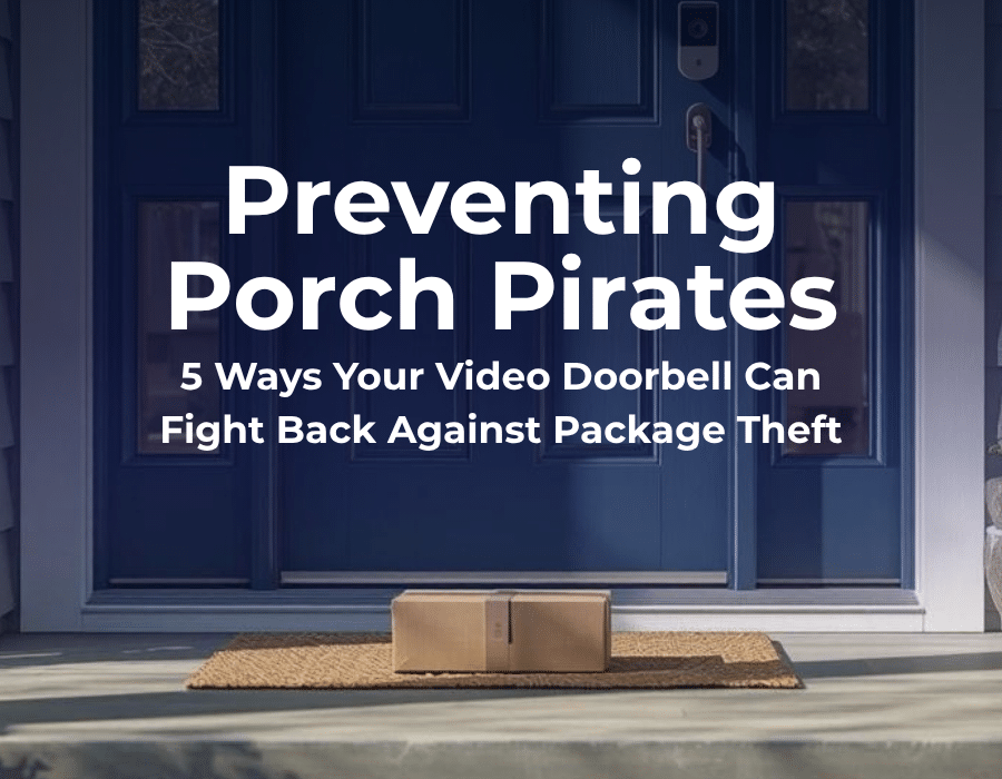 A secure front porch with a modern video doorbell, illustrating a key tool in preventing porch pirates.