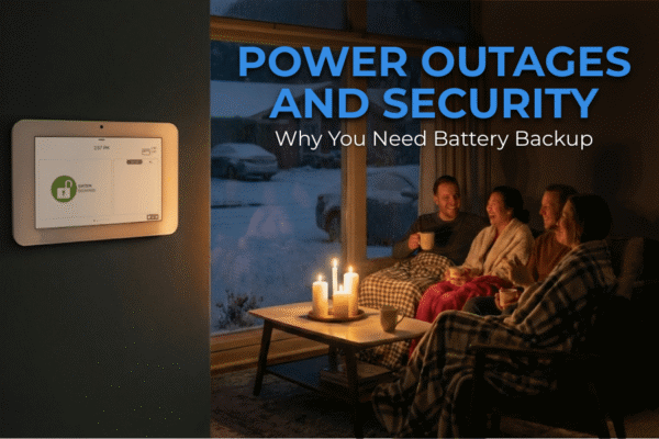 A family safe inside a home during a power outage with a Frase Protection security panel glowing green on battery backup.