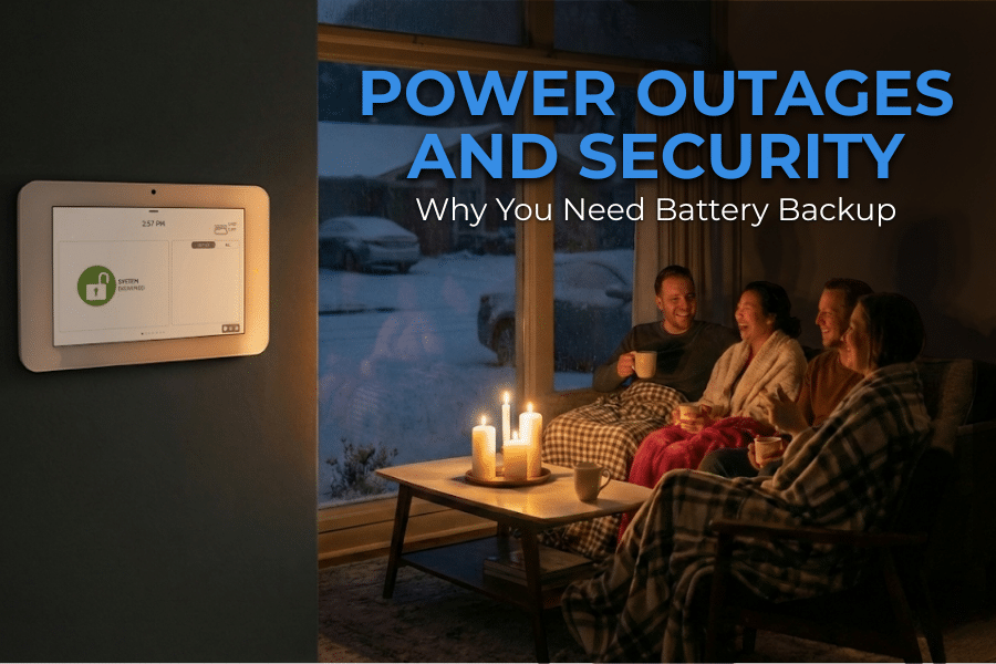 A family safe inside a home during a power outage with a Frase Protection security panel glowing green on battery backup.