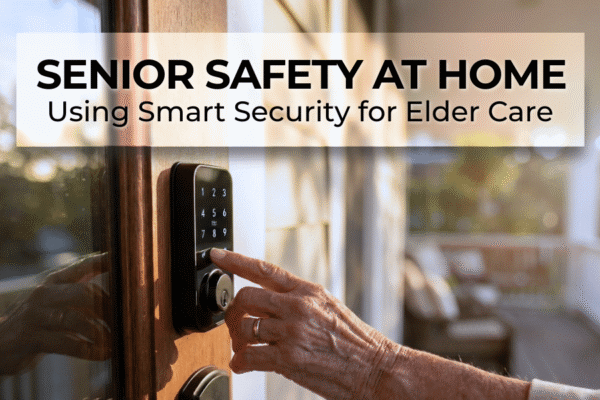 Close up of an elderly person's hand using a smart door lock keypad, symbolizing independence and senior safety at home