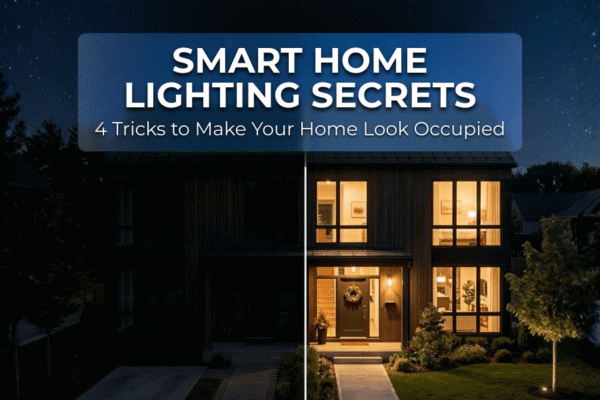 A split screen showing a dark home compared to a warmly lit, secure home utilizing the best smart home lighting automation