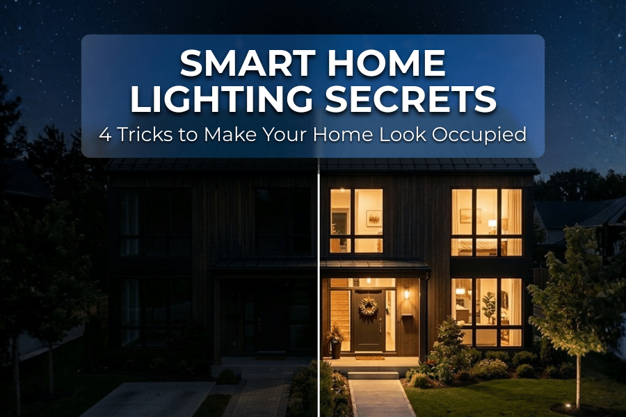 A split screen showing a dark home compared to a warmly lit, secure home utilizing the best smart home lighting automation