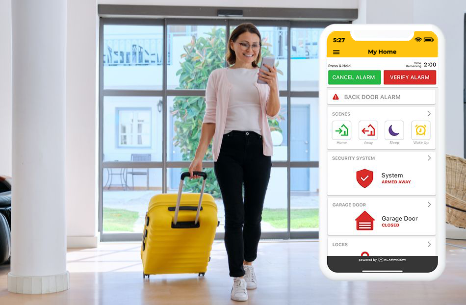 Woman returing from Airport with luggage checking her My Frase Protection App