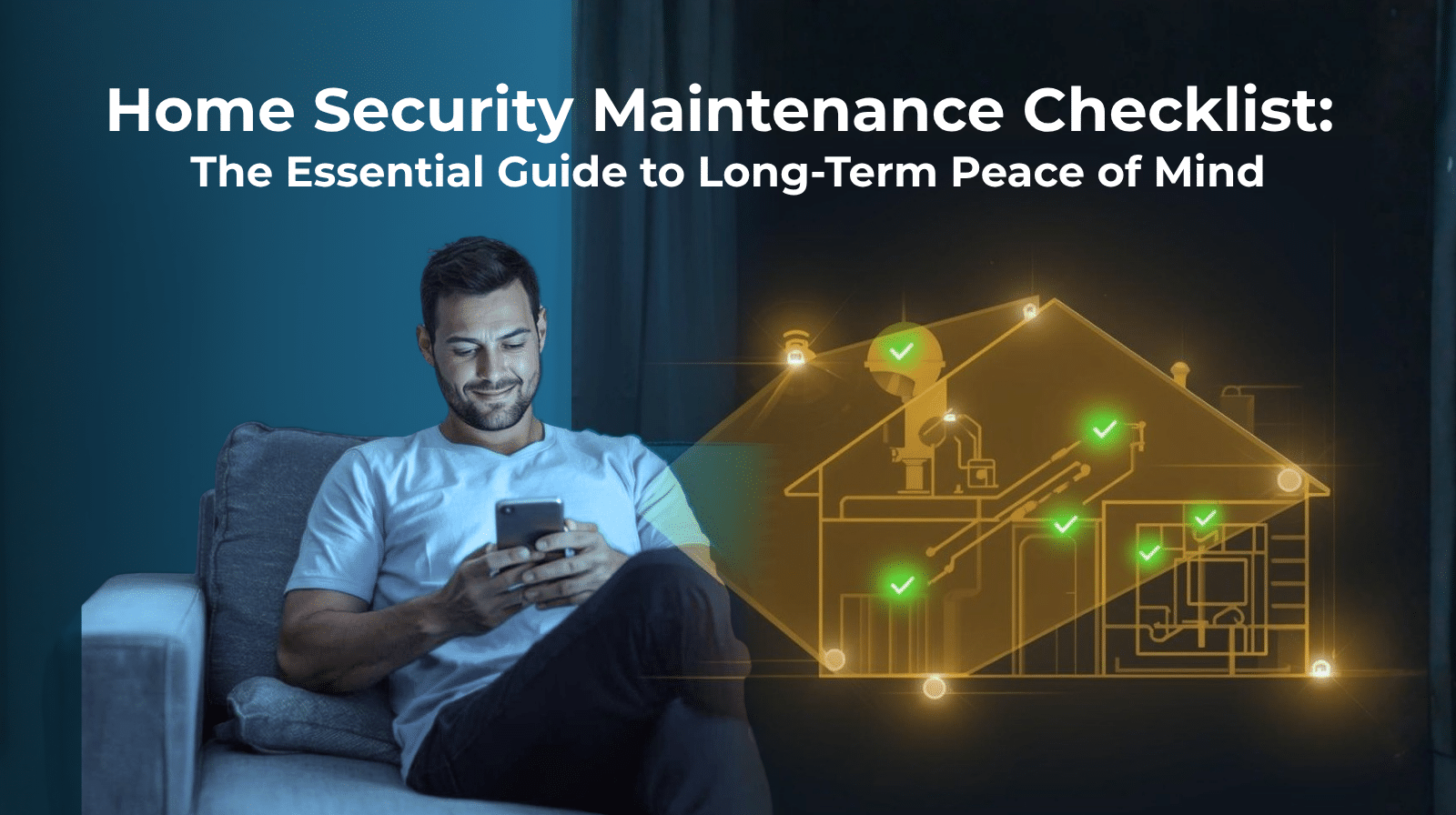 Home security maintenance checklist graphic showing a homeowner checking system status and a diagram with green checkmarks.