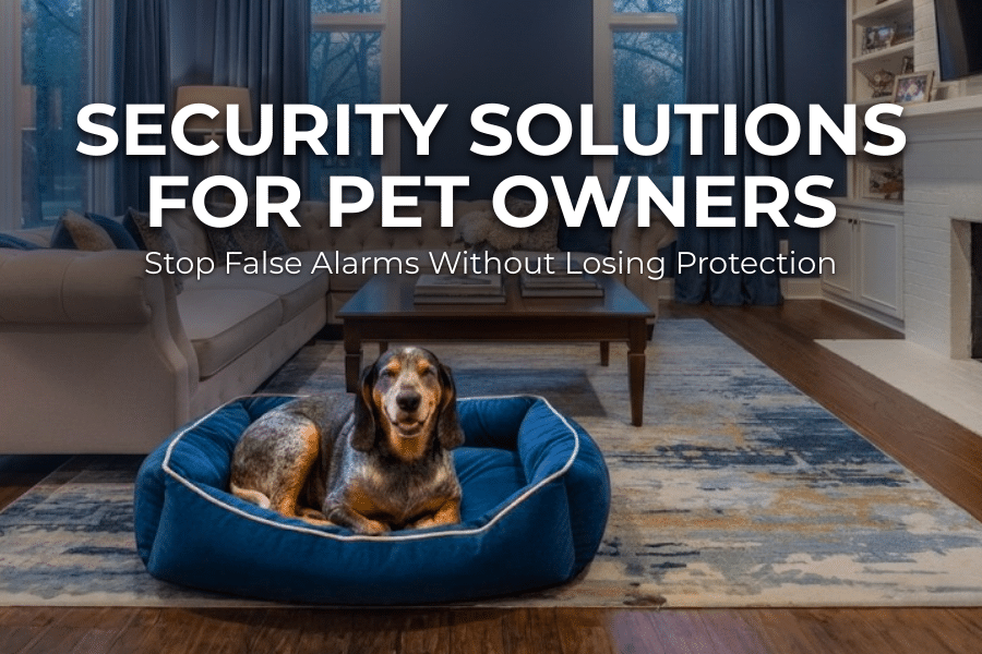 Pet-friendly home security system featuring a pet-immune motion sensor in a living room with a dog.